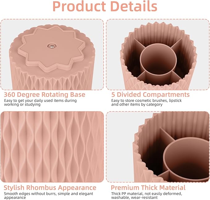 Pink Pen Holder for Desk, 360 Degree Rotating Desk Organizer with 5 Compartments, Pen Pencil Makeup Brush Holder, Cosmetics Lipsticks Pen Organizer for Home Office School