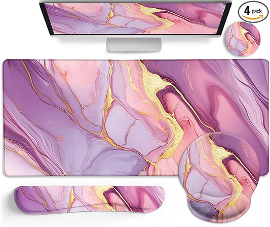 Marble Mouse Pad Set Large Desk Matt for Desktop, Ergonomic Mouse Pad with Wrist Rest for Gaming Wrist Support Keyboard Mat Cup Coaster Set Office Desk Decor Accessories