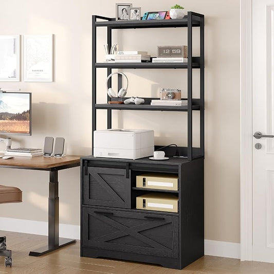 File Cabinet with Charging Station, Vertical Filing Cabinet with Shelves, Black File Cabinet for Home Office, Printer Stand with Open Storage Shelves & Barn Doors, Fits A4/Letter Files
