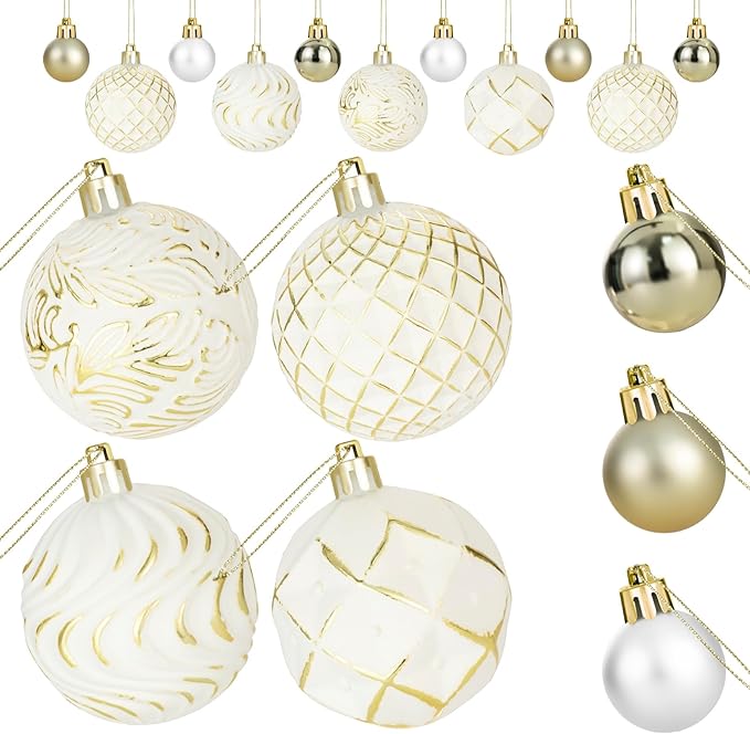 44PCS Christmas Ball Ornaments Set Xmas Tree Decoration Balls 2025 Shatterproof Hanging Colored for Party Wedding Home Party Outdoor Indoor White & Golden