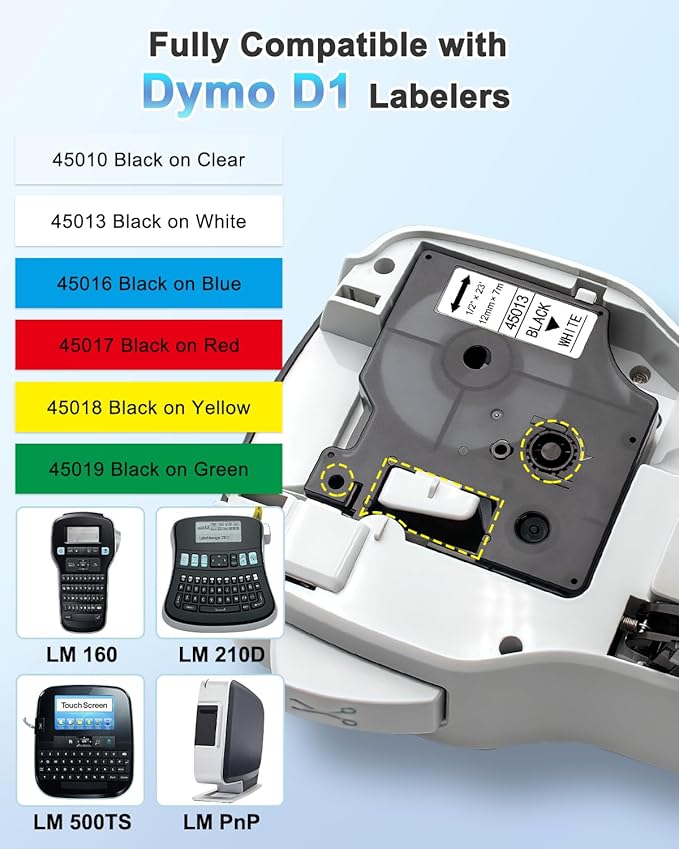 BOYEEZON 6PK Compatible for DYMO D1 12mm Color Label Tape (45013 45010 45016 45017 45018 45019) D1 12mm Refills Color Combo Set for Dymo Labelmanager 280 160 360D 450 Duo, 1/2In x 23Ft