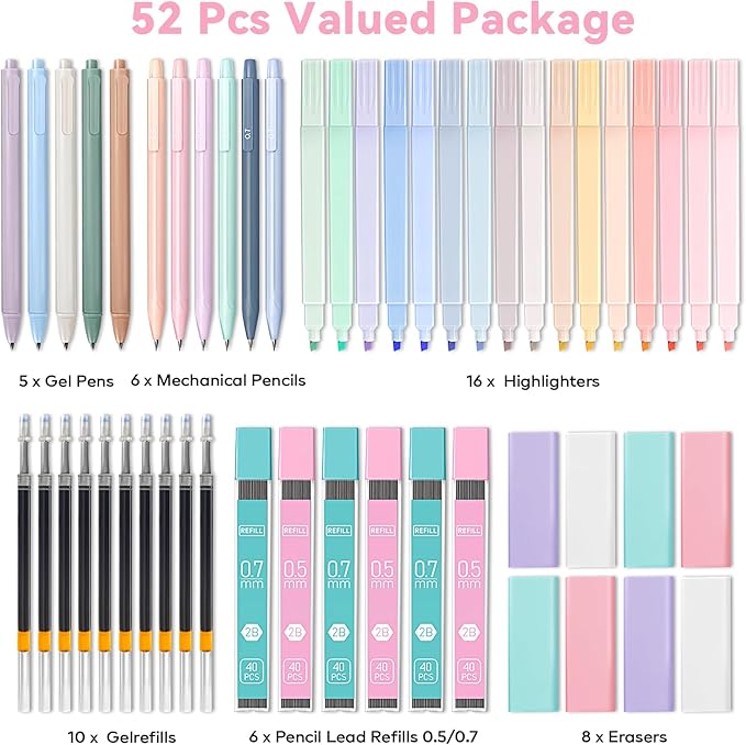 52 PCS Aesthetic School Supplies with Cute Pencil Case, Stationery Essentials with Pens Pencils and Pastel Highlighters Set,College Back to School Supplies for Teen Girls,Pastel Office Supplies-Pink