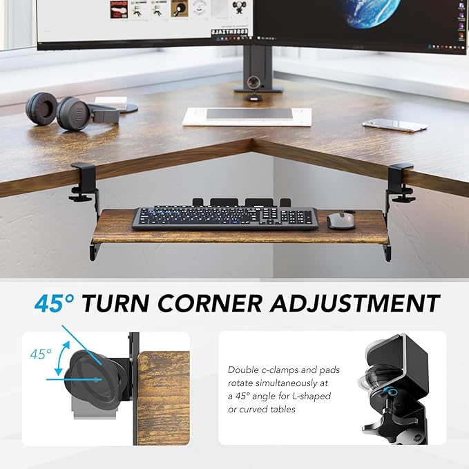 Keyboard Tray Under Desk Pull Out with Extra Sturdy C Clamp Mount System, 27.3 (32.5 inch Including Clamps) x 11 Inch Slide-Out Platform Computer Drawer for Typing Vintage AX01WG02