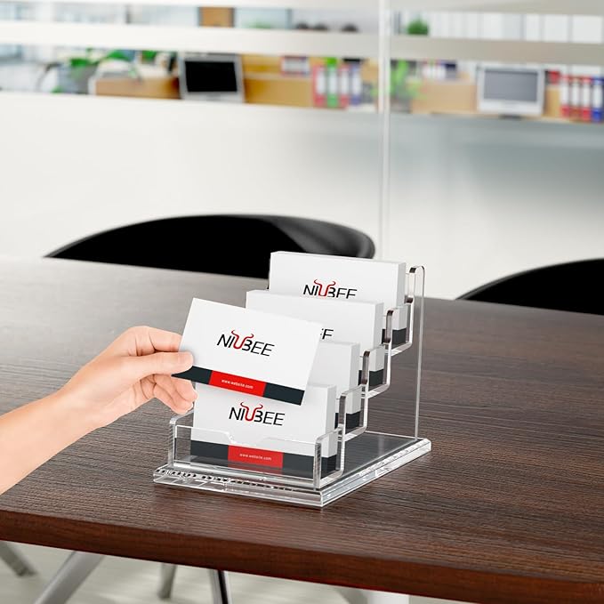 NIUBEE Clear Business Cards Holders 4 Tier Acrylic Card Holder for Business Cards, 4 Slots Business Card Display for Desk Counter, 300 Card Capacity, 1 Pack