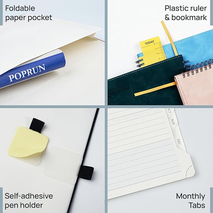 POPRUN 2026 Planner Weekly Notebook (Jan-Dec), Medium 8.5''x 6.5'' - Agenda 2026 Calendar Book with Monthly Tabs, Inner Pocket, Spiral Soft Cover, 100 GSM - Royal Blue