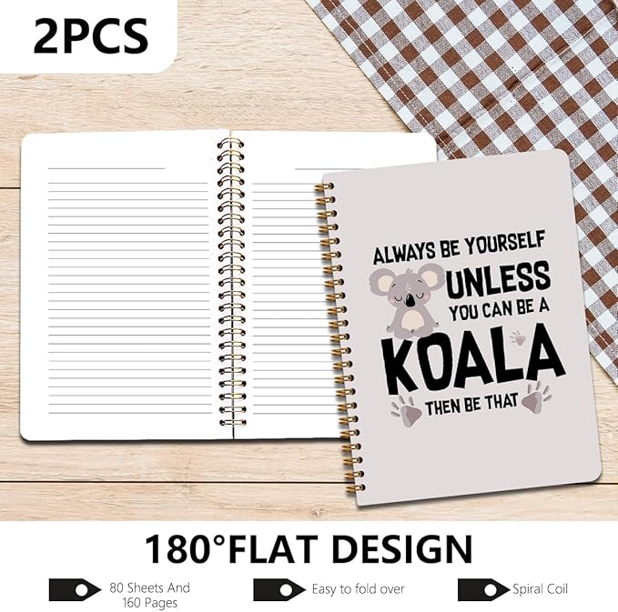 2 Pcs Koala Spiral Notebooks for Work, A5(8.3x5.8inch) Composition Notebook College Ruled Note Book, Cute Diary Hardcover Notepads Lined Travel Journal for Writing, Koala Lovers Gifts for Women
