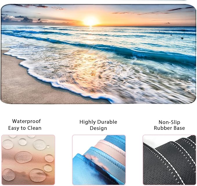 4-in-1 Large Gaming Mouse Pad, Keyboard Wrist Rest Pad & Wrist Support Mousepad Set, Extended Desk Pad Waterproof Desk Mat for Home Office Study Game-Beach