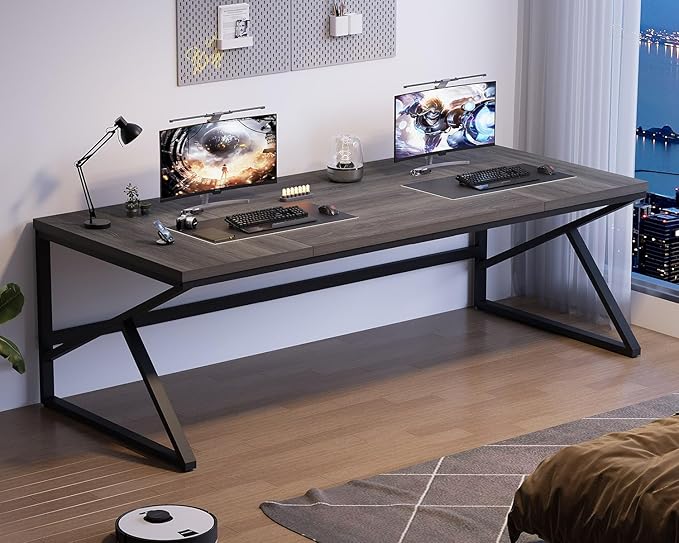 HSH Extra Long Home Office Desk, Industrial Metal Wood Computer Desk, Large PC Laptop Table for Two Person Executive Writing Work Study Gaming, Bedroom Living Room Dual Monitor Desk, Dark Gray,78 Inch