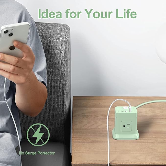 Cube Power Strip, FDTEK 4 Widely Spaced Outlet with 3 USB (1 USB C) Flat Plug Power Strips with Long Extension Cords Space Save Compact Portable for Travel Home Office Cruise (Green)