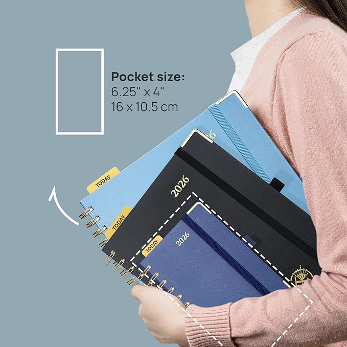 POPRUN 2026 Planner (Pocket Size 4''x 6.25'' Wire-Bond Hard Cover) Calendar Weekly and Monthly (Jan.2026-Dec.2026) Small Planner with Hourly Time Slots, for Purse, 100 GSM - Navy Blue