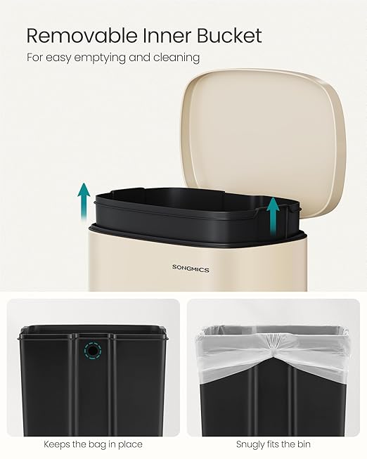 SONGMICS 13 Gallon (50 L) Trash Can, Stainless Steel Kitchen Garbage Can, Recycling or Waste Bin, Soft Close, Step-On Pedal, Removable Inner Bucket, Sand Beige ULTB050A01