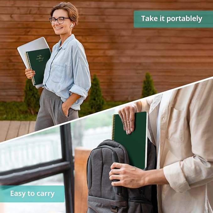 Taja Meeting Notebook for Work Organization - Work notebook with action items, Meeting Minutes Planner Notebook, Perfect Office Supplies for Men & Women - Dark Green