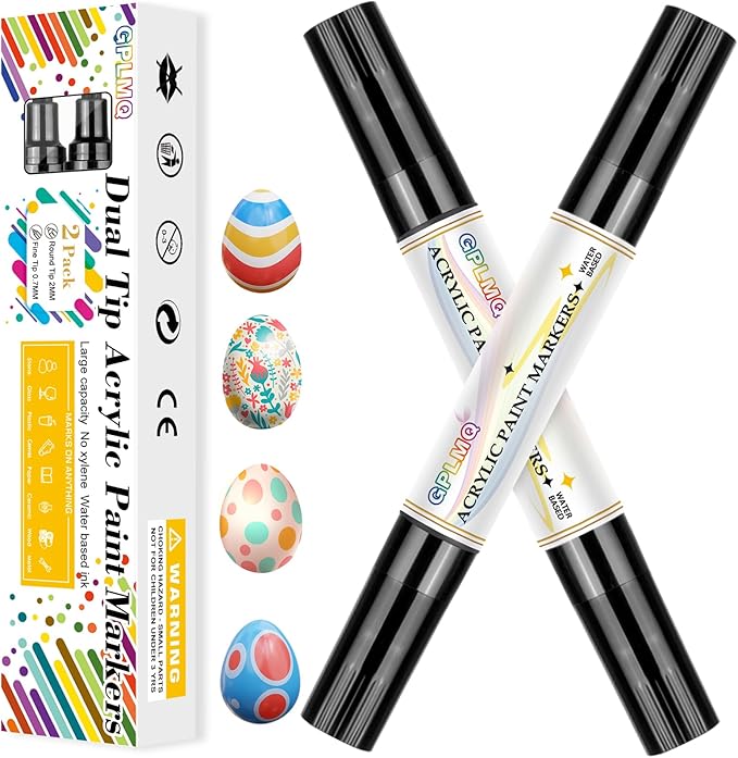 Paint Markers Paint Pens - 2 Pack Dual Tip Acrylic Permanent Marker (0.7mm & 3mm), Non-Toxic, Water-Based for Art Painting, Stone, Ceramic, Glass, Wood, Fabric, Metal, DIY Crafts (Black)