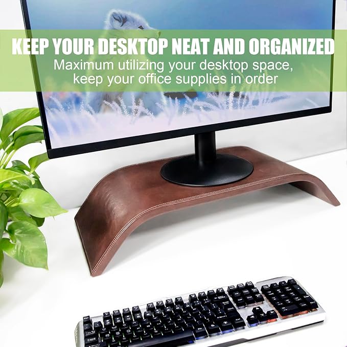 21 inch Leather Monitor Stand Riser,Desk Shelf Monitor Stand Ergonomic Height,Premium Leather Computer Stand Monitor Riser for Your Desktop,PC,Printer,Computer,Laptop