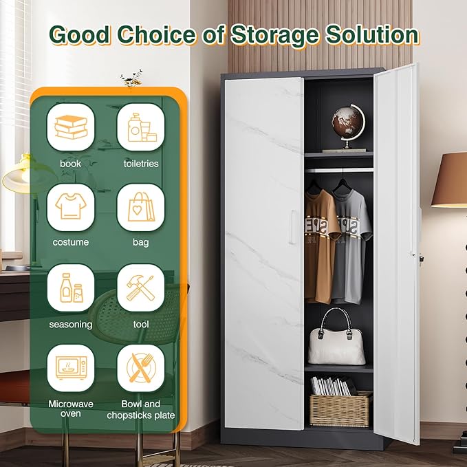 Letaya Wardrobe Closet, 72" H Clothing Storage Cabinet with Adjustable Shelves and Hanging Rod, Bedroom Armoire Clothes Organizer (White Gray)