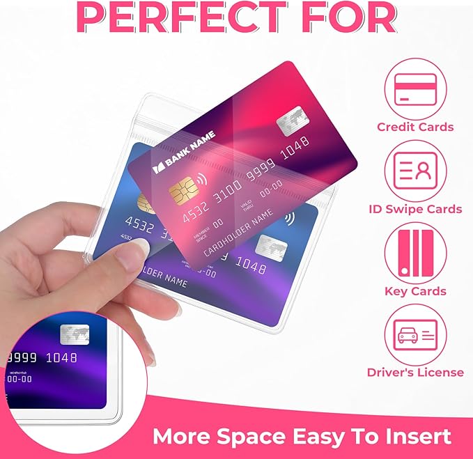 300 Pcs Clear Plastic Horizontal Name Badge ID Card Holders, 3.9 x 3.3 in Horizontal Plastic Name Tags with Waterproof Resealable Zip Transparent PVC Sleeve Cover for Office School