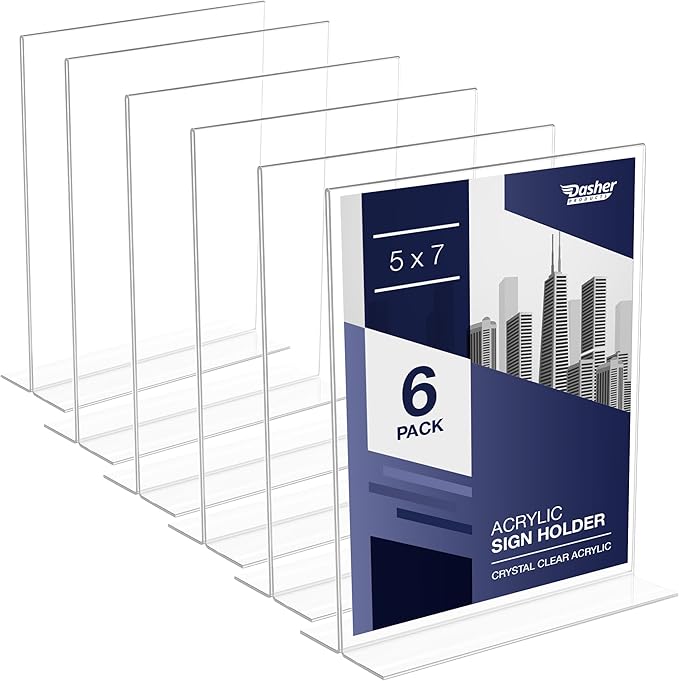 Dasher Products Double-Sided Picture Frame 5x7, 6-Pack Acrylic Clear Frames for Photos, Table Menu Stand, Portrait Ad Display, Bottom-Load Display, and Table Numbers for Weddings or Events