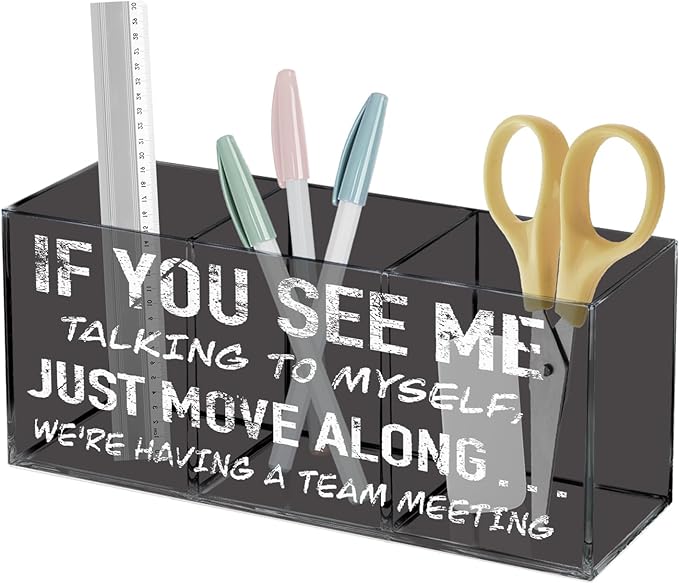 Funny Office Gifts Pencil Holder, Funny Pen Holder for Desk, If You See Me Talking to Myself We're Having a Team Meeting Acrylic Pen Pencil Holder Organizer for Office Desk Accessories