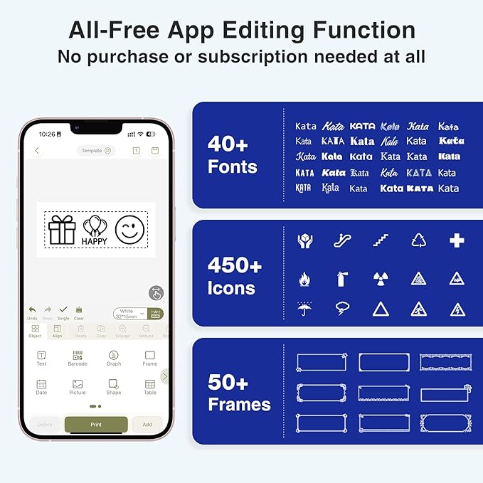 SUPVAN E11 Bluetooth Label Maker Machine with 4 Tapes, Support Keyboard & App with 40 Fonts and 450+ Icons, Rechargeable Inkless Labeler for Home, Kitchen, Office, School Organization, Black