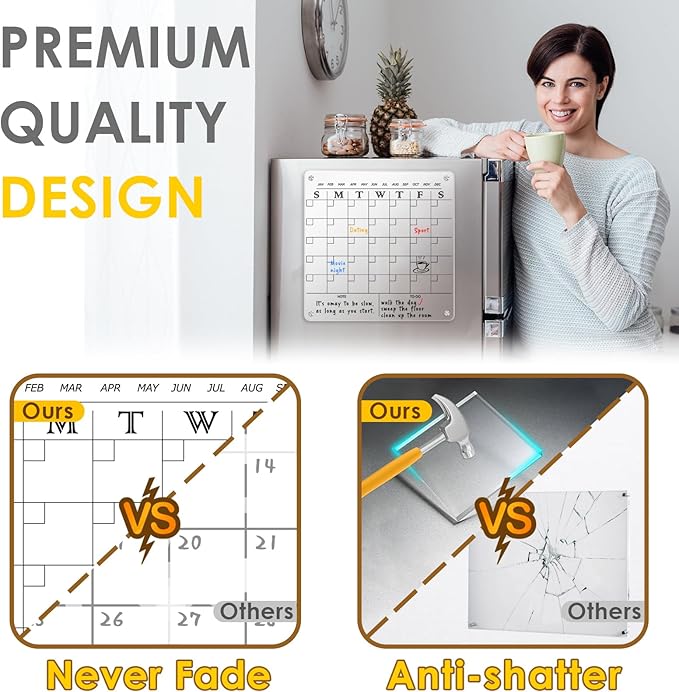 MAKELLO Acrylic Calendar for Wall, Clear Fridge Calendar for Family,2 Pens, Pen Holder, Fixing Screw and Magnets for Refrigerator,12x12 in