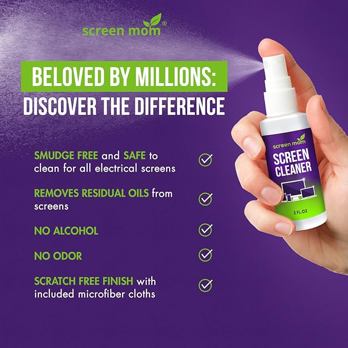 Screen Cleaner Spray and 2 Microfiber Cloths - 2oz Bottle by Screen Mom-Screen Cleaner Spray and Wipe for TV, Computer, Phone, iPad, Car Screen Cleaning Kit Electronic Cleaner Spray