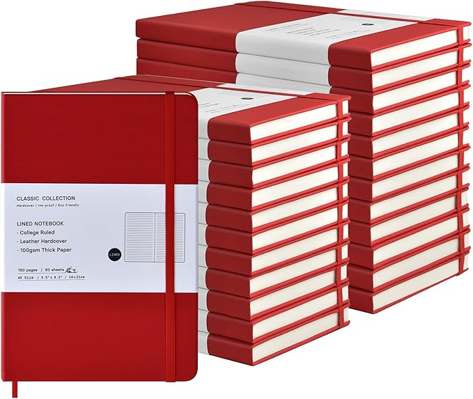 Coopay 24 Pack A5 Journal Notebooks Bulk, 160 Pages, 100GSM Thick Paper, 8.3 x 5.5 inch Hardcover Lined Leather Journals for Writing Office School Business,Bulk Notebook for Work Men Women (Red