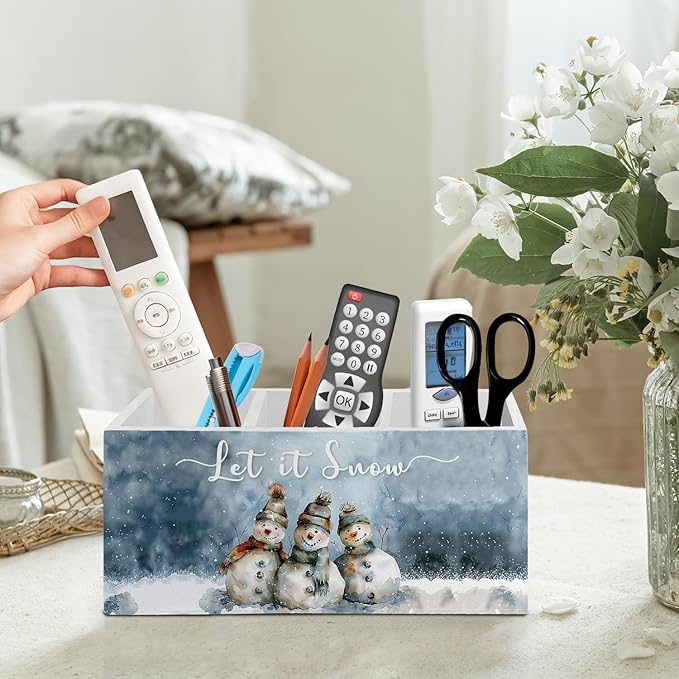 Winter Christmas Snowman Pen Pencil Holder Organizer for Desk Accessories, Snowman Gifts, Snow Rustic Christmas Wooden Box Signs Decorations for Home Office Desk Tabletop