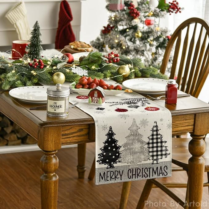 Artoid Mode Grey Pine Trees Snowflake Merry Christmas Table Runner, Winter Xmas Holiday Kitchen Dining Table Decoration for Home Party Decor 13x72 Inch