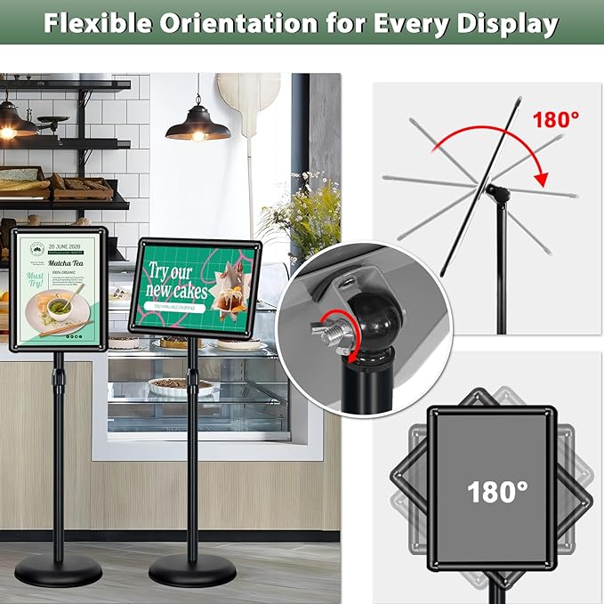Poster Stand Holder Adjustable Pedestal Floor Standing Sign Holder Vertical and Horizontal View Sign Display, Aluminum Snap Open Frame with Safety Corner (2P-Black-11x17)
