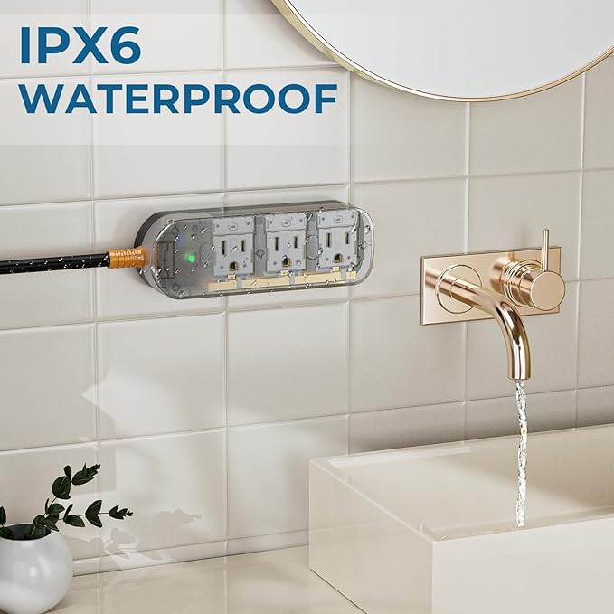 Surge Protector Power Strip,1625W/13A,5Ft Extension Cord with 3 Outlets,Waterproof Class 6 Heavy Duty Extension Cord for Indoor Outdoor,UL FCC IPX6 Listed (Transparent, 5FT)