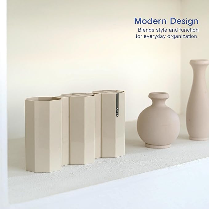 AonT Design Small Desk Organizer - Beige Pen Tray & Holder (Multi-Compartment) (Made in Korea) – Modern Office Storage Supplies Organizer and Aesthetic Decor for Accessories