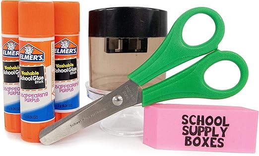 Back to School Supply Box (Case - 4 Boxes) - Grades K-5 Back to School Supplies - 32 Piece Kit Includes Markers, Crayons, Pencils, Scissors, Folders, Glue Sticks, Notebook, and Composition Book