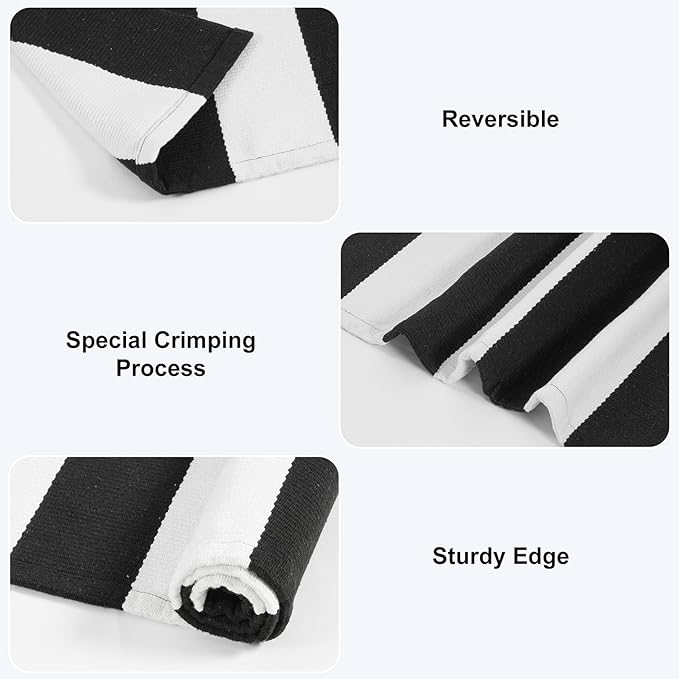 Black and White Striped Rug 5' 7" x 7' 7" Washable Large Patio Rug Cotton Hand Woven Indoor Outdoor Rug for Porch Backyard Dining Room Entryway Halloween Autumn Decorations