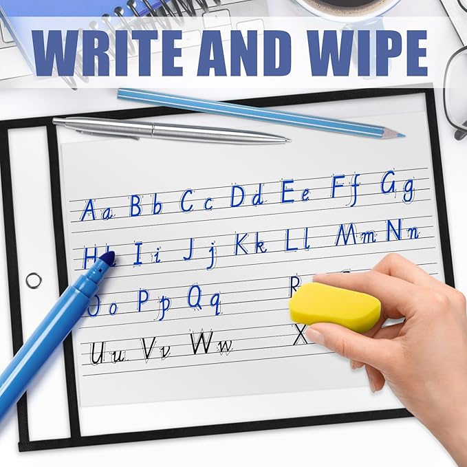 Job Ticket Holders 9x12, 30 Pack Heavy Duty Sheet Protectors Plastic Paper Sleeves 8.5 x 11 Clear Document Protectors Dry Erase Pocket Sleeves Document Holder for Shop Office Classroom Home, Black