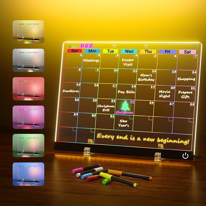 Acrylic Dry Erase Board Calendar with Light, 13.7"X10" LED Note Board with 6-Color Neon Glow Memo Monthly Planning Board for Gift/Room/Office/Wall with Stand, 7 Markers, Black