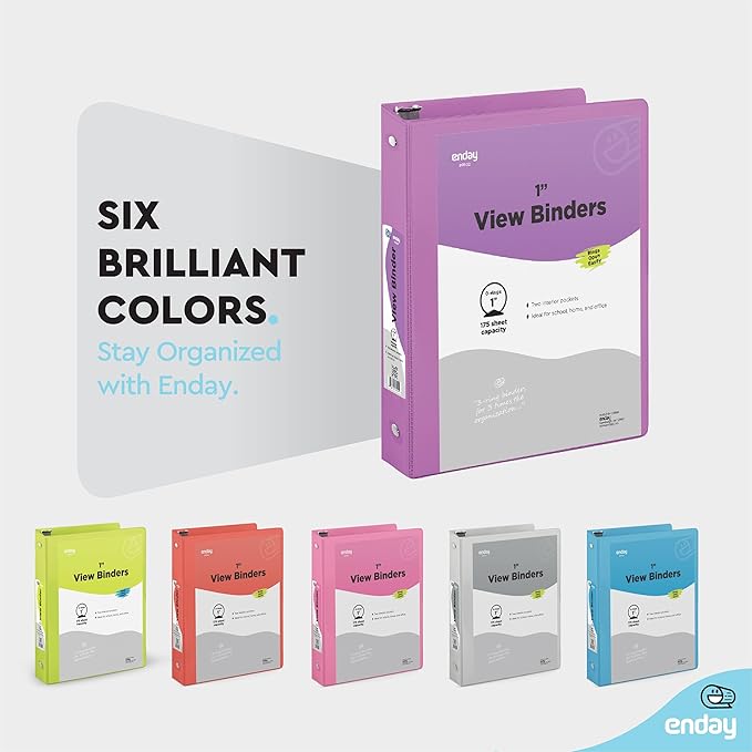 3 Ring Binder Purple, 1 Inch, 1” Clear View Cover with 2 Inside Pockets Round Ring Binder, Colored School Supplies Binders, Also Available in Pink, Blue, Grey, Green, and Red (6 PC) – by Enday