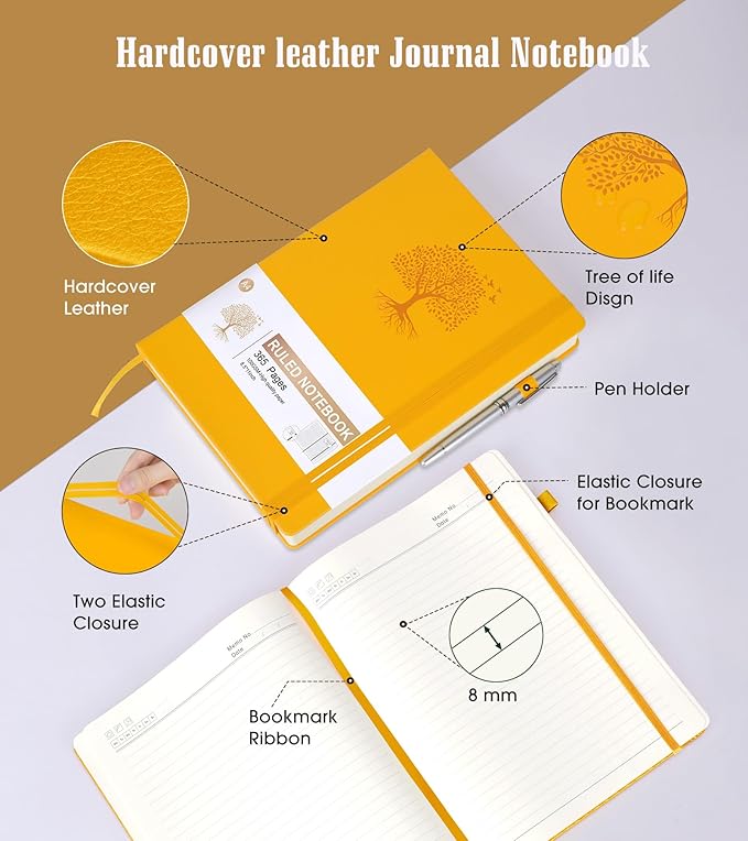 Lined Journal, 365 Pages A4 Large Hardcover Leather Notebook for Women Men, Daily Writing for Work, Note Taking, 100Gsm Thick Paper (8.5" x 11" Yellow)