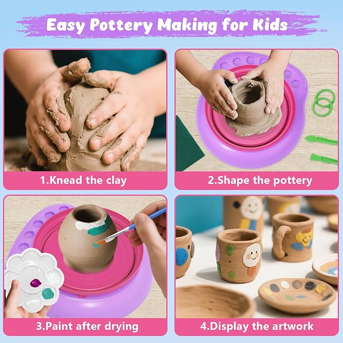 TingingYuli Pottery Wheel for Kids,Complete Pottery Kit and Tools for Beginners,Arts and Crafts Toys for Kids Ages 8-12,Art Supplies Birthday Gifts for Boy Girl Age 6 7 8 9 10 11 12 (Pink/Purple)