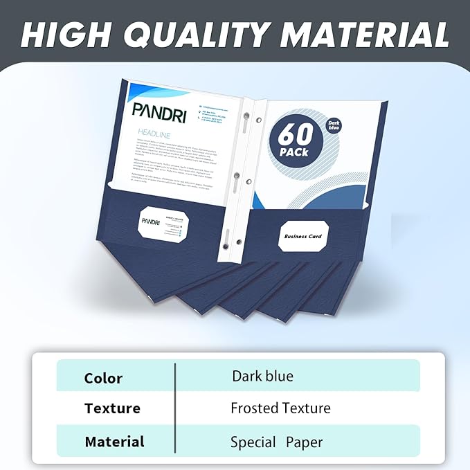 Two Pocket Folders, PANDRI 60 Pack Two Pocket Folders with Prongs, 3 Prong Folders Designed for Office and Classroom, Letter Size Darkblue