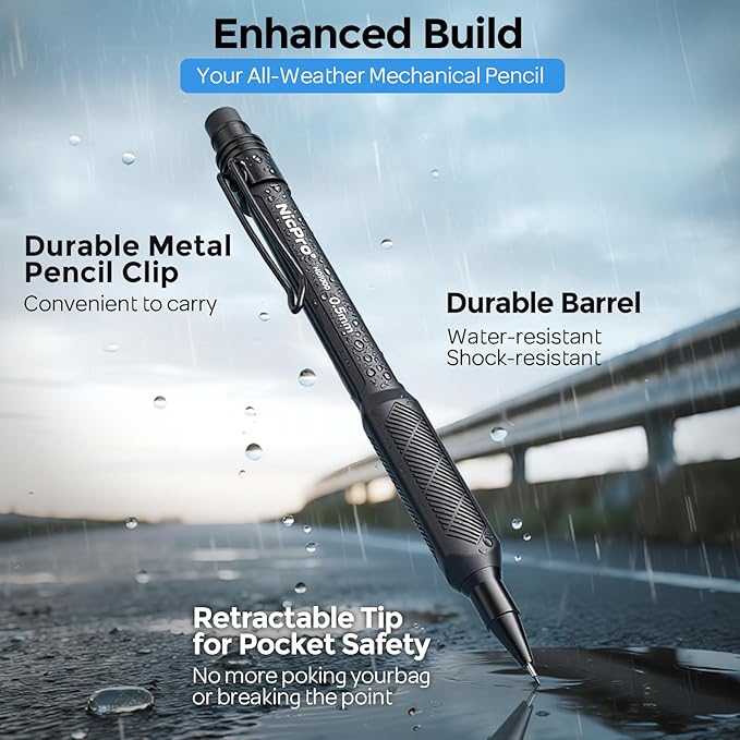 Nicpro HD1000 0.5 mm Art Mechanical Pencil Set in Case, 3 PCS Weatherproof Mechanical Pencils with 6 Tube HB Refills, Eraser, Weatherproof Barrel for Outdoor Writing Marking Drafting Drawing Sketching