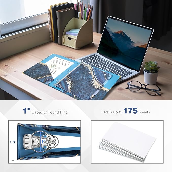 Ospelelf 3 Ring Binder, 1 Inch, Cute Letter Size (11" x 8.5") with 5 Tab Dividers, File Folder Labels and Low Profile Clipboards, Blue Marble