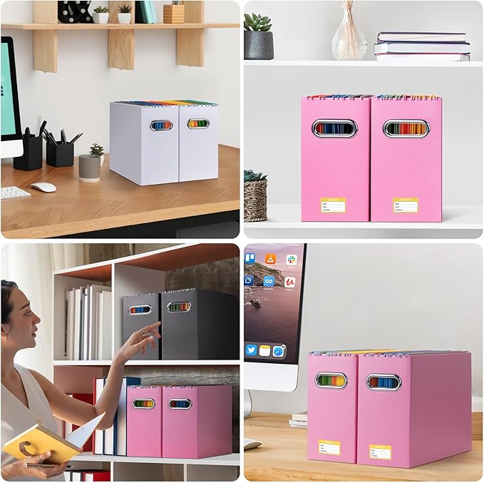 BALEINE File Organizer Box, Cardboard File Folder Organizer with Handle for Letter Size, Portable Collapsible Hanging Filing Box for Home Office Document Storage (4 Pack, Pink)