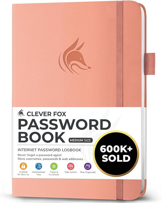 Clever Fox Password Book with alphabetical tabs. Internet Address Organizer Logbook. Medium Password Keeper for Website Logins (Peach Pink)