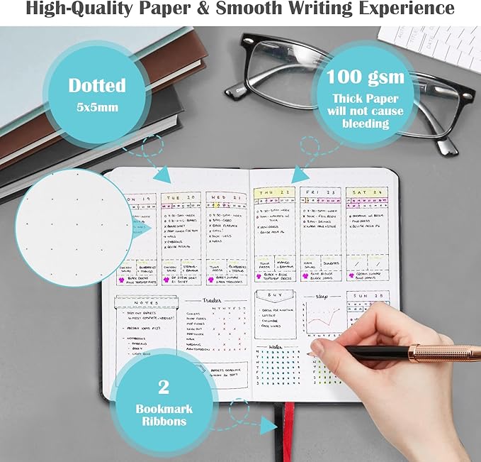 Pocket Dotted Notebook, 2-Pack Dot Grid Notebook, Dotted Journal with Stickers, 3.5" x 5.5" Hardcover, Small Mini A6 size, 160 Pages, 100 gsm Thick Paper, Blush Pink, Sky Blue