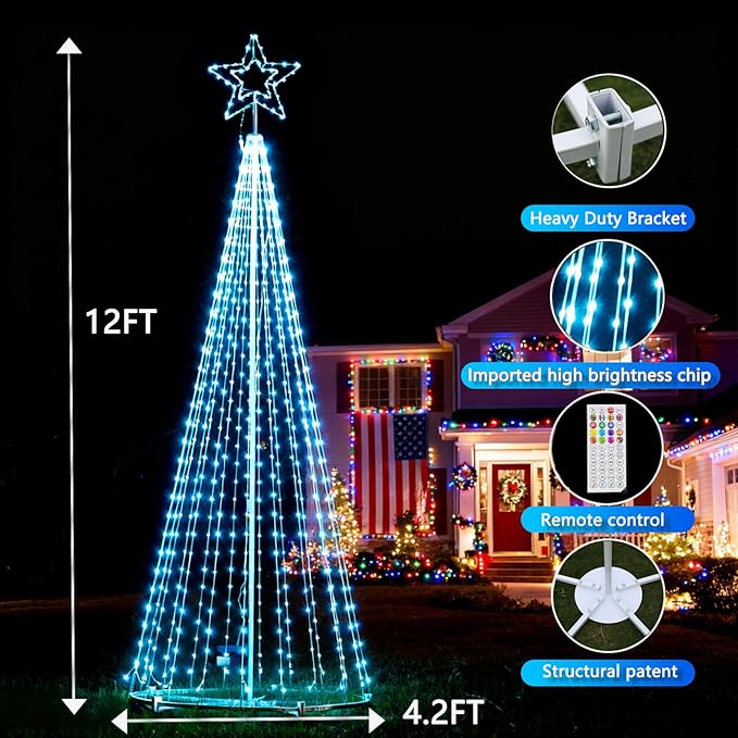 12Ft RGB Outdoor Lighted Christmas Tree Lights Cone Tall Star Topped Artificial Christmas Trees Arbol de Navidad Outside Decor for Xmas New Year Holiday