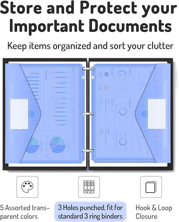 Forvencer Binder Pocket, 10 Pack Super Heavyweight Plastic Folders with Tight Closure, Folders with Pockets Side Loading, Binder Organizer, Binder Dividers with Pockets, Letter Size, Assorted Colors