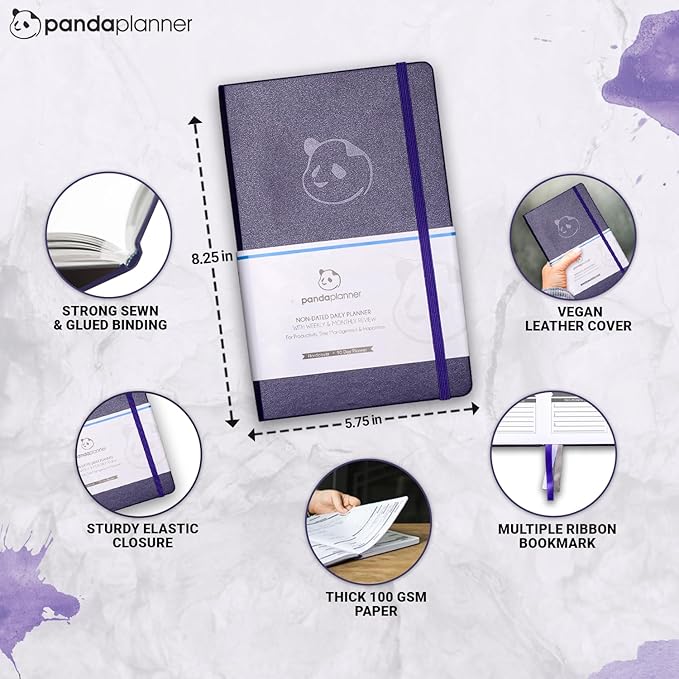 Panda Planner Classic A5 Daily Planner 2026 – Undated Quarterly Planner & Daily Task Planner with Hourly Schedule, To Do List, Goal Planner, Habit Tracker & Gratitude Journal for Focus & Organization – Purple