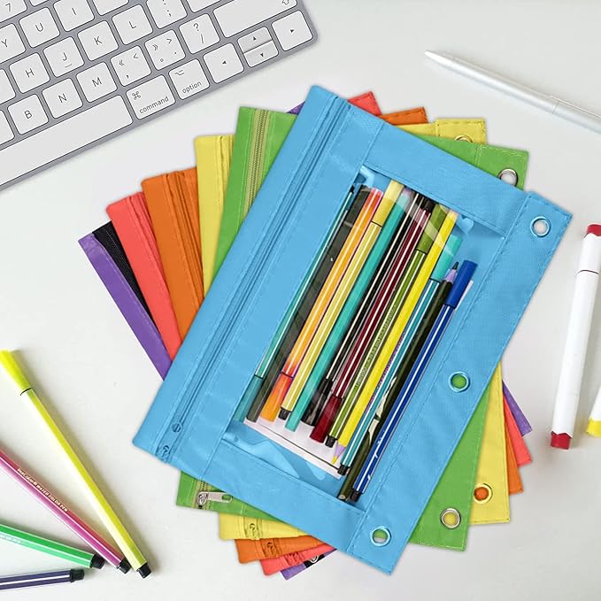 YoeeJob Pencil Pouch for 3 Ring Binder，Zipper Pencil Pouches Bulk，Pencil Case Pouch with Clear Window for Class, School, Office, 6 Colors-24 Packs
