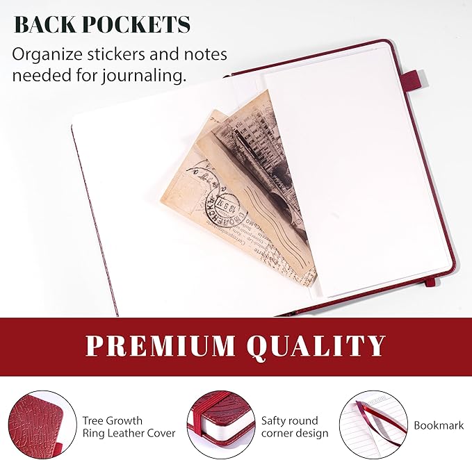 CAGIE Lined Journal for Women Men, Tree Growth Ring Leather Bound Journal Notebook, 256 Pages 100 GSM Journals for Writing, A5 Hardcover Journaling Notebooks for Work, Note Taking (Red