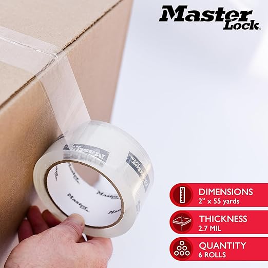 Master Lock Heavy Duty Packing Tape, 2 in x 55 yd, 2.7 Mil Thick Strong Shipping Tape, 6 Clear Tape Rolls